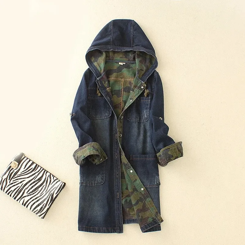 Single-breasted Long Denim Hooded Jacket Camouflage High Quality Women Denim Jacket Spell Color
Single-breasted Long Denim Hooded Jacket Camouflage High Quality Women Denim Jacket Spell Color