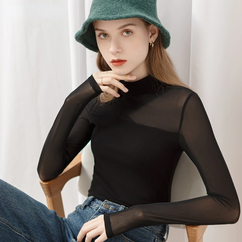 Spring and Autumn Half Perspective Solid Color T-shirt for Women Long Sleeve Mesh Spliced Half High Collar Underlay Women's Wear
Spring and Autumn Half Perspective Solid Color T-shirt for Women Long Sleeve Mesh Spliced Half High Collar Underlay Women's Wear