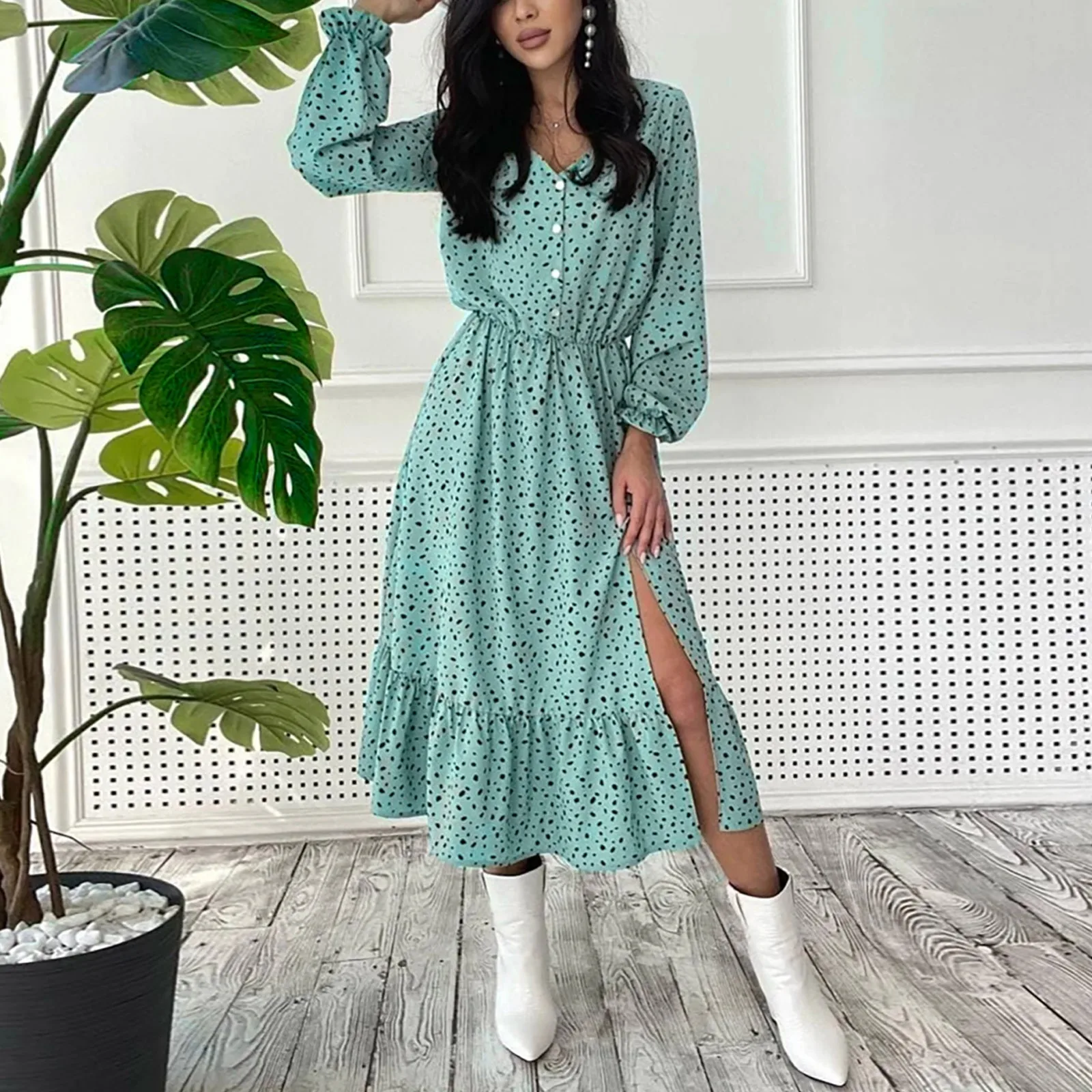 Autumn Polka Dot Print Split Midi Dress Women Ruffle Long Sleeve V Neck Button Slit Chiffon Dress Boho Flowy A Line Long Dress
Autumn Polka Dot Print Split Midi Dress Women Ruffle Long Sleeve V Neck Button Slit Chiffon Dress Boho Flowy A Line Long Dress