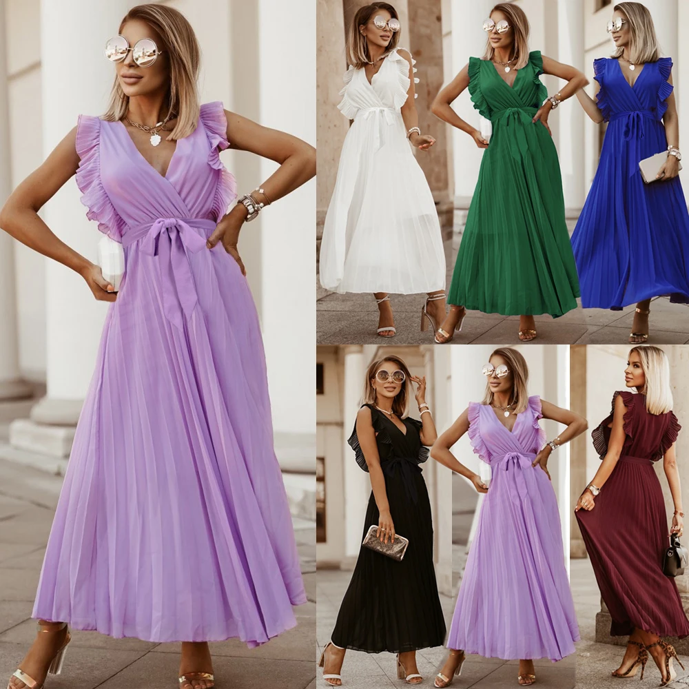 2022 New Temperament Beach Longuette Fashion Slim Sexy Ruffle Sleeve Chiffon Pleated Skirt Solid Dress 
2022 New Temperament Beach Longuette Fashion Slim Sexy Ruffle Sleeve Chiffon Pleated Skirt Solid Dress