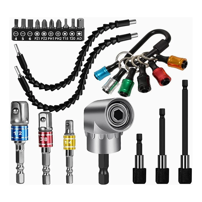 26Pcs Flexible Drill Bit Extension Set,105° Right Angle Drill Attachment,1/4 3/8 1/2Inch Impact Driver Socket Adapter
26Pcs Flexible Drill Bit Extension Set,105° Right Angle Drill Attachment,1/4 3/8 1/2Inch Impact Driver Socket Adapter