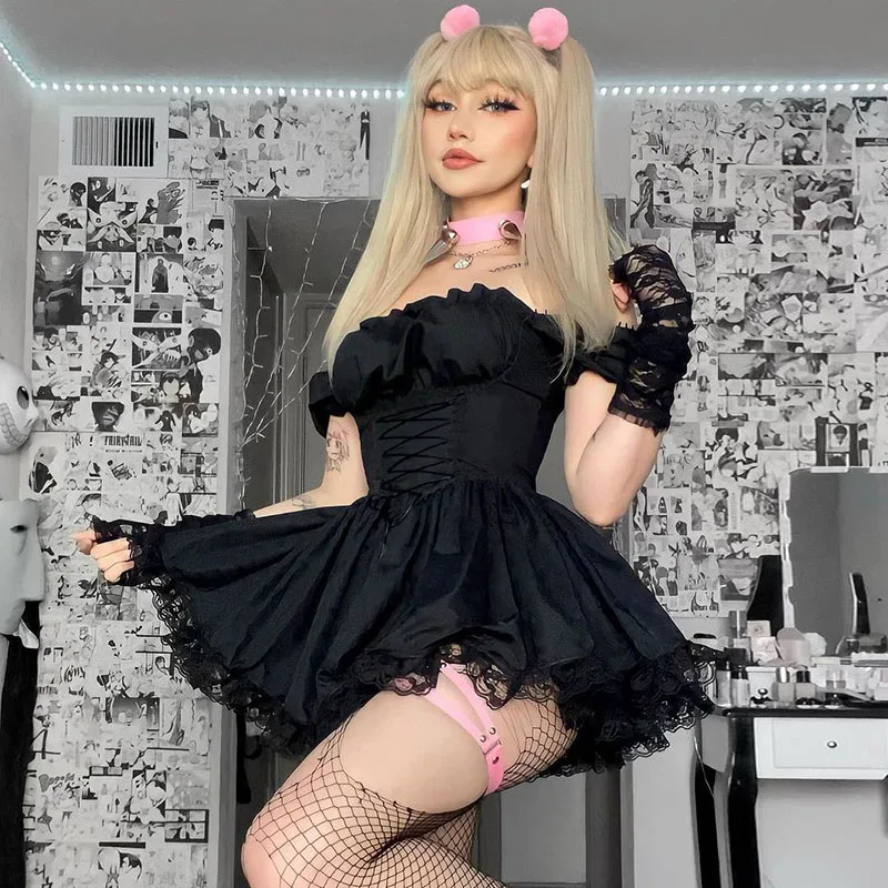 Women's Sweet Puff Sleeve A-line Dress Solid Color Vintage Bandage Lace Trim Short Sexy Dress Party Clubwear Y2k Summer Fashion
Women's Sweet Puff Sleeve A-line Dress Solid Color Vintage Bandage Lace Trim Short Sexy Dress Party Clubwear Y2k Summer Fashion