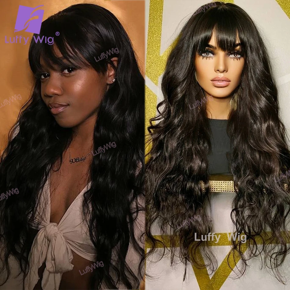 

Wavy Human Hair Wigs With Bangs Brazilian Remy Scalp Top Bang Wigs Glueless Hight 200 Density Glueless For Black Women Luffywig