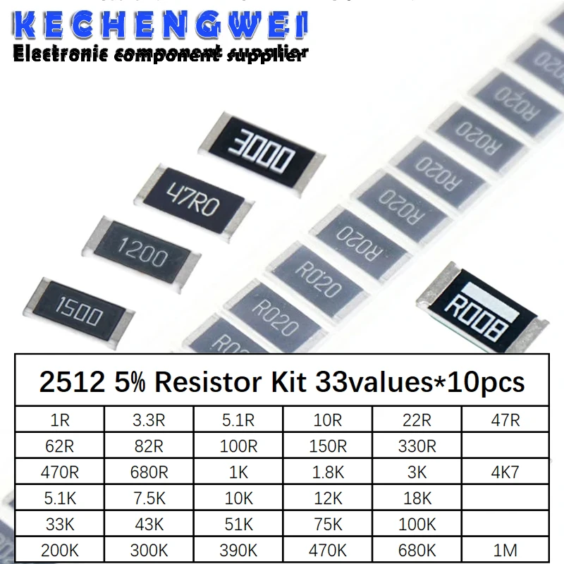 2512 SMD Resistor Kit Assorted Kit 1ohm-1M ohm 5% 33valuesX 10pcs=330pcs DIY Kit
2512 SMD Resistor Kit Assorted Kit 1ohm-1M ohm 5% 33valuesX 10pcs=330pcs DIY Kit