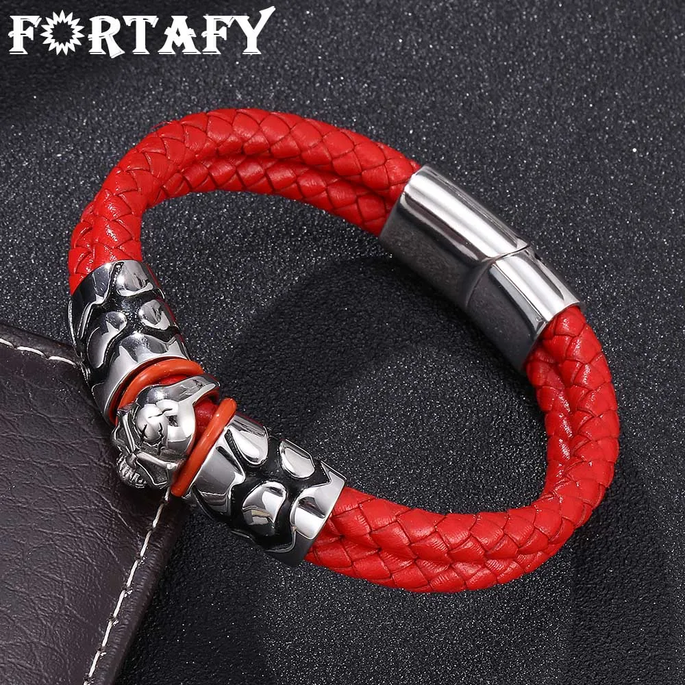 

FORTAFY Layer Red Braided Leather Men Bracelet Skeleton Jewelry Punk Stainless Steel Magnetic Clasp Skull Bracelet Bangle FR0130