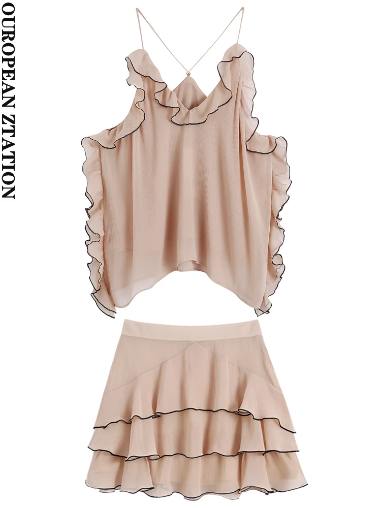 PAILETE women 2022 fashion contrast ruffle thin straps blouses or with contrast ruffles high-waist mini skirt two-piece set
PAILETE women 2022 fashion contrast ruffle thin straps blouses or with contrast ruffles high-waist mini skirt two-piece set