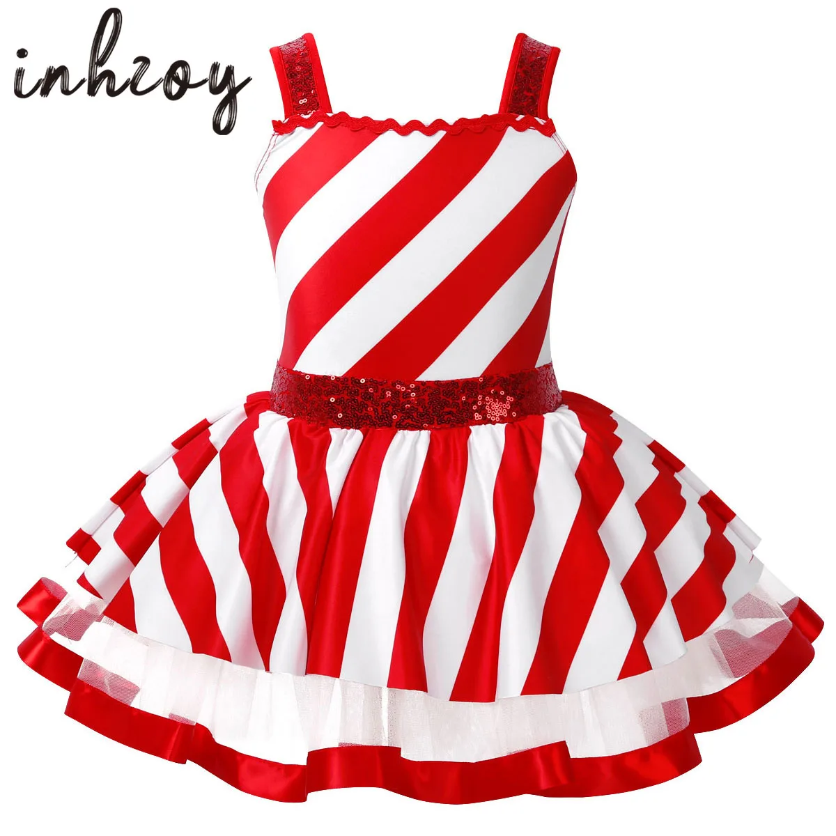 

Kids Girls Candy Cane Christmas Costume Shiny Sequins Mrs Santa Claus Leotard Ballet Tutu Dress Figure Ice Skating Dancewear