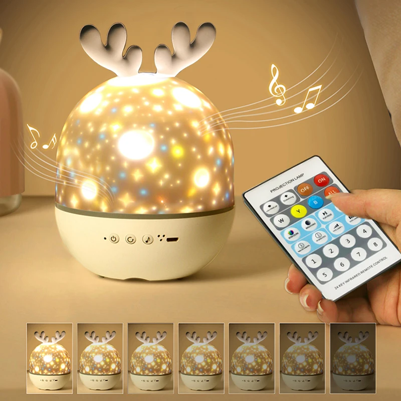 

LED Lamp Colorful Star Baby Gift Deer Starry Sky Projector Night Light With BT Speaker Remote Controller Rechargeable Rotate