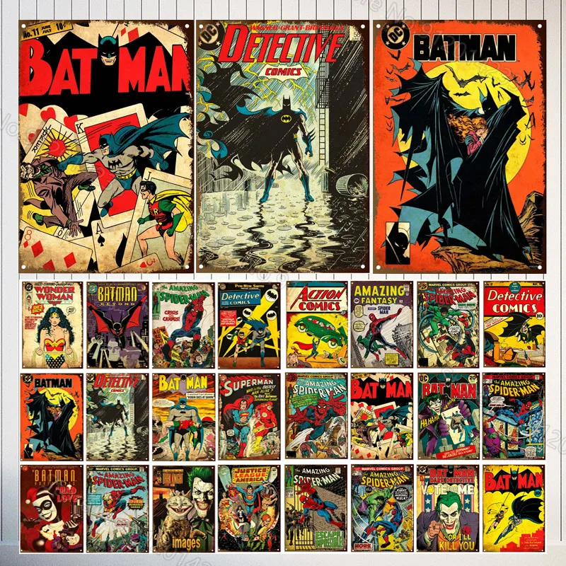 

Комикс-постер Marvel, металлический жестяной знак, Супергерой, Бэтмен, ретро декоративная тарелка, Настенный декор, мужская пещера, клуб, бар, с...