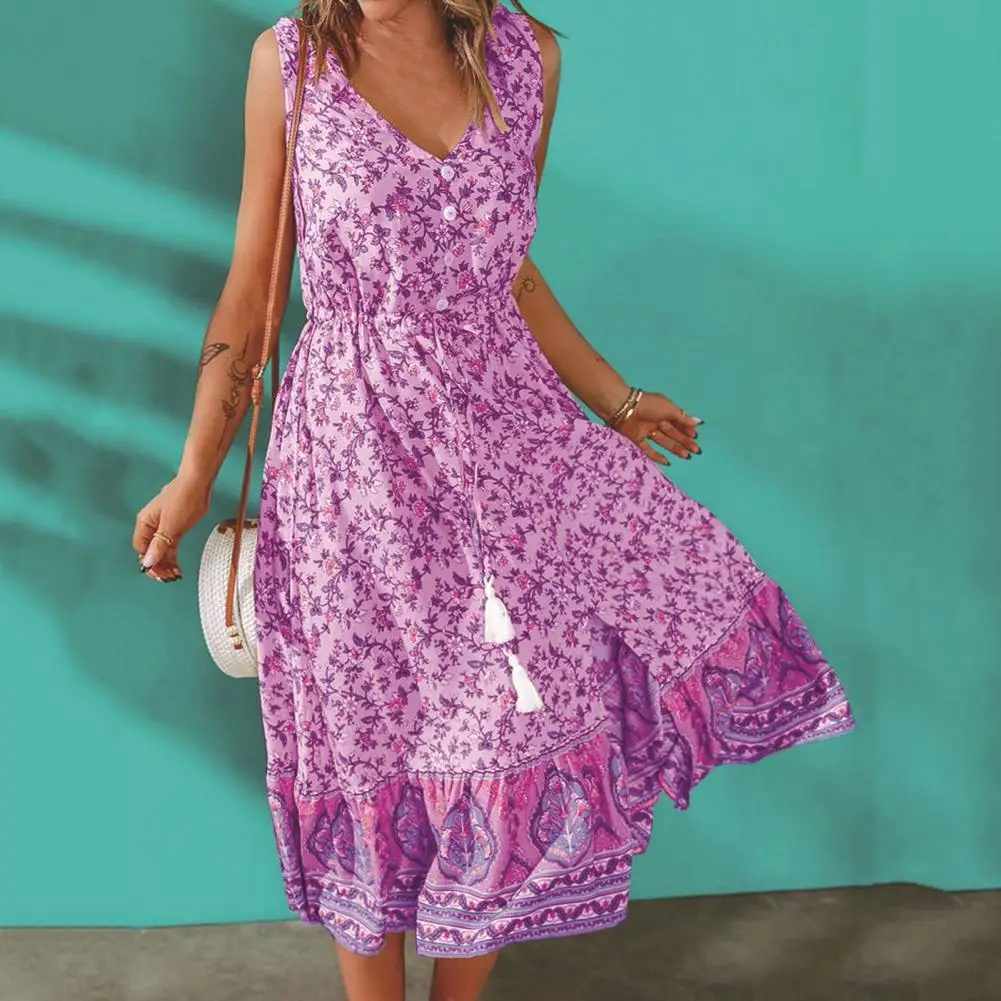V-Neck Sleeveless Waist Lace-up Front Split Casual Dress Soft Texture Vintage Floral Printing Buttons Boho Dress Female Clothing
V-Neck Sleeveless Waist Lace-up Front Split Casual Dress Soft Texture Vintage Floral Printing Buttons Boho Dress Female Clothing
