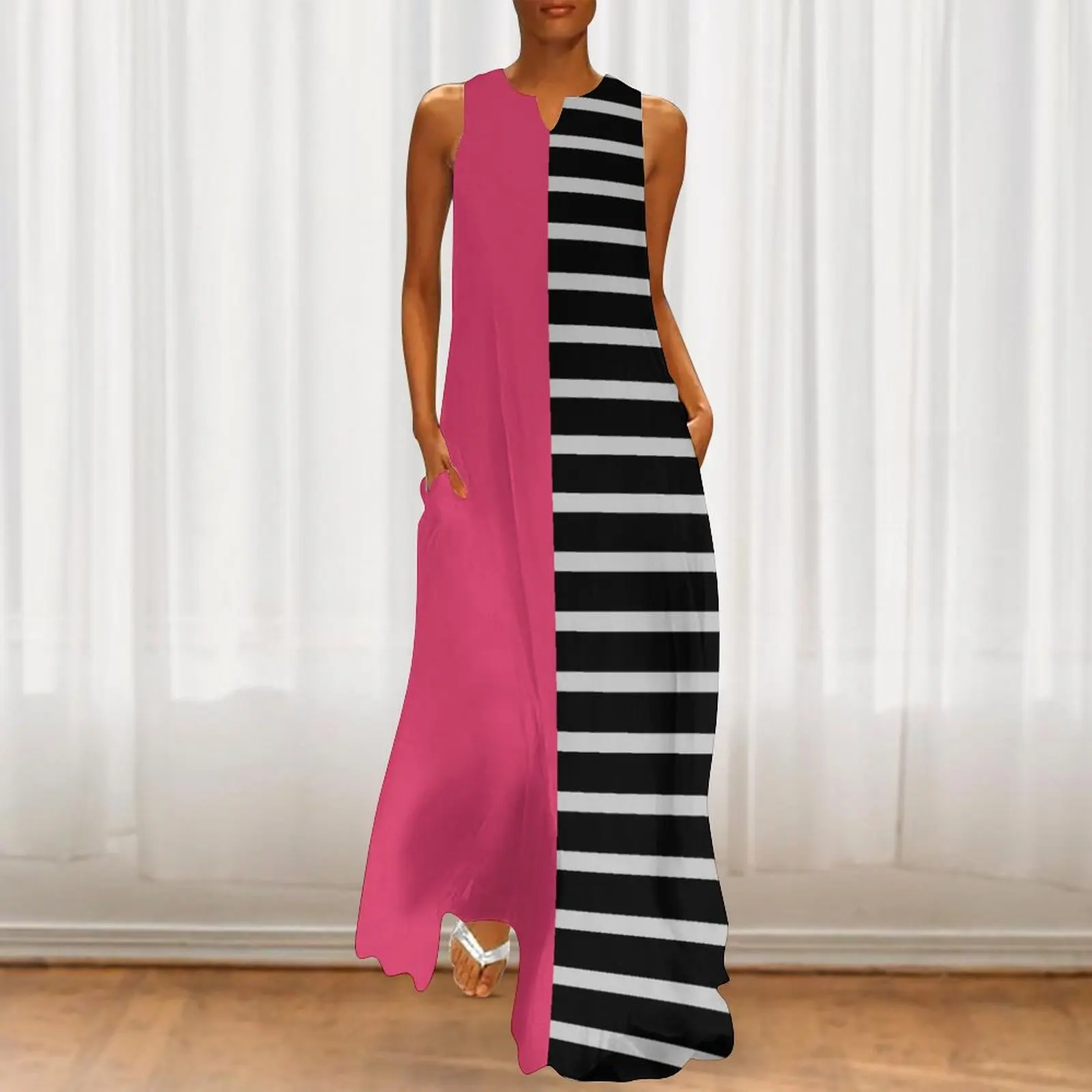 Casual Women Sleeveless V Neck Classic Striped Maxi Sundresses Beach Daily Summer Swing Elegant Loose Fit Long Dress Black 5XL 
Casual Women Sleeveless V Neck Classic Striped Maxi Sundresses Beach Daily Summer Swing Elegant Loose Fit Long Dress Black 5XL