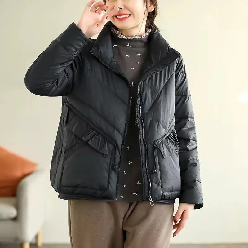 

Пуховик женский с коротким воротником-стойкой, новинка 2023, кружевная модная свободная облегающая куртка в Корейском стиле, зимнее пальто