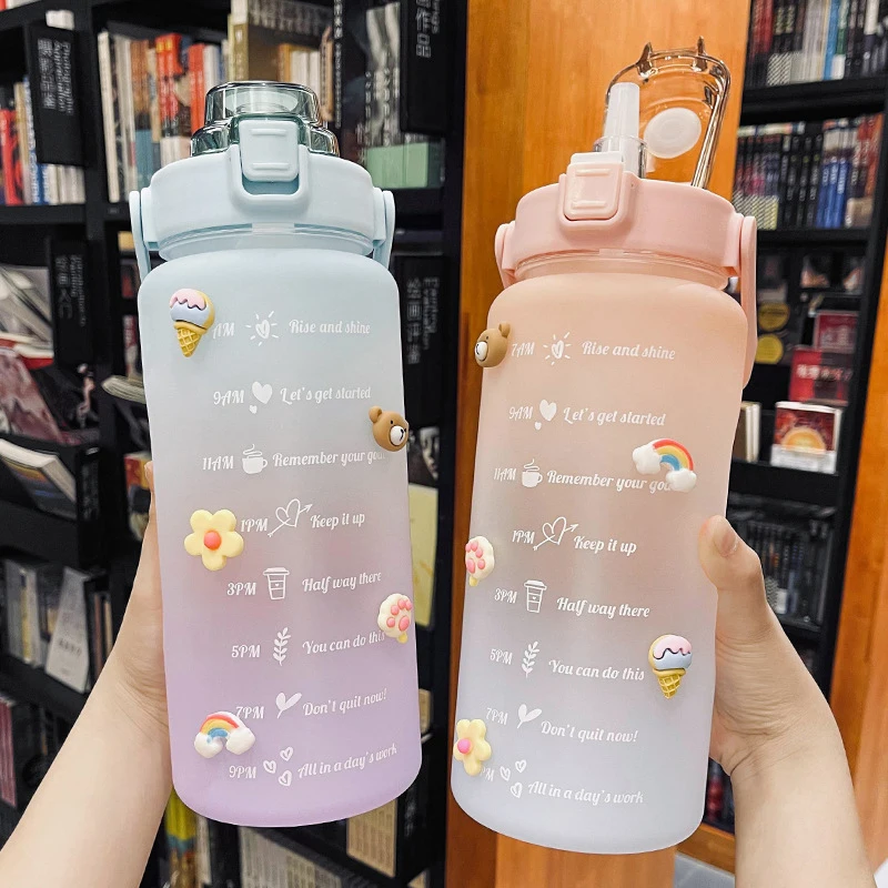 Cute 2000ml Water Bottle Shaker Sport With Time Marker 3D Sticker Plastic Travel Bicycle Milk Tea Juice Portable Straw Gourd
Cute 2000ml Water Bottle Shaker Sport With Time Marker 3D Sticker Plastic Travel Bicycle Milk Tea Juice Portable Straw Gourd