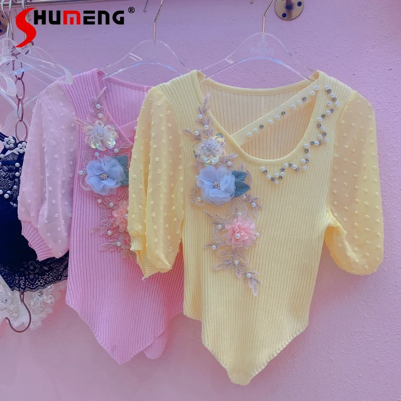 2022 Summer New Pullover Knitwear Short Sleeve Lantern Sleeve Ice Silk Knitted Tops Women's Sweet Slimming Short T-shirt
2022 Summer New Pullover Knitwear Short Sleeve Lantern Sleeve Ice Silk Knitted Tops Women's Sweet Slimming Short T-shirt