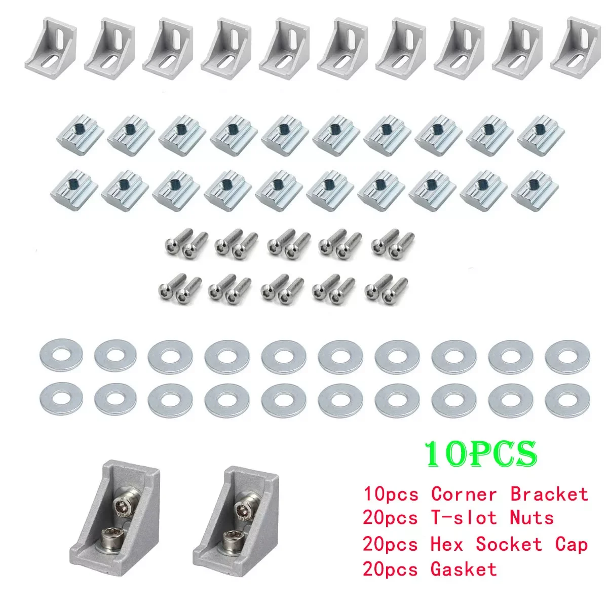 70pcs 2020 Aluminum Profile Connector Set 10pcs Corner Bracket + 20pcs M5 T-slot Nuts + 20pcs M5x8mm Hex Socket Cap+20pcs Gasket
70pcs 2020 Aluminum Profile Connector Set 10pcs Corner Bracket + 20pcs M5 T-slot Nuts + 20pcs M5x8mm Hex Socket Cap+20pcs Gasket