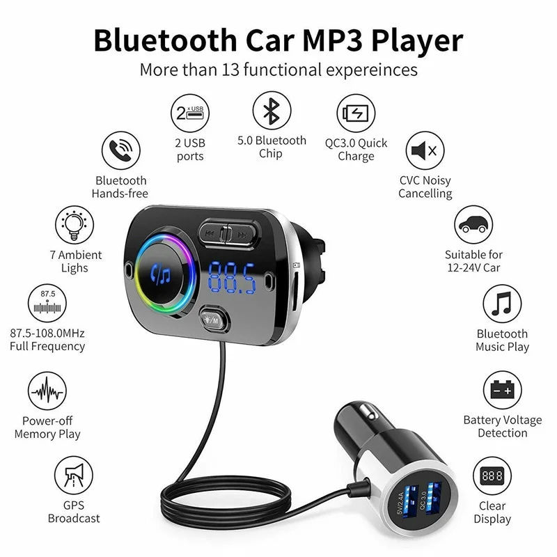 Car Bluetooth FM Transmitter Dual USB Fast Charger Handsfree Car Audio Receiver with Cigarette Lighter
Car Bluetooth FM Transmitter Dual USB Fast Charger Handsfree Car Audio Receiver with Cigarette Lighter