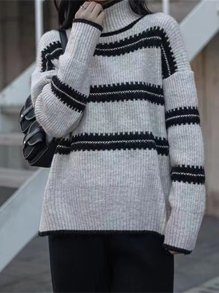 Autumn Winter Women's Sweater 2023 Fashion Vintage High Neck Striped Long Sleeved Commuting Style Loose Knit Pullover Sweater
Autumn Winter Women's Sweater 2023 Fashion Vintage High Neck Striped Long Sleeved Commuting Style Loose Knit Pullover Sweater