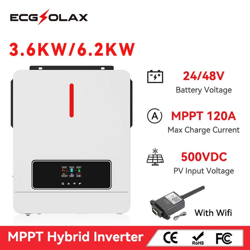 ECGSOLAX 6200W Solar Hybrid Inverter Charger 48V Battery Pure Sine Wave 220VAC With 120A MPPT Solar Charge Controller
ECGSOLAX 6200W Solar Hybrid Inverter Charger 48V Battery Pure Sine Wave 220VAC With 120A MPPT Solar Charge Controller