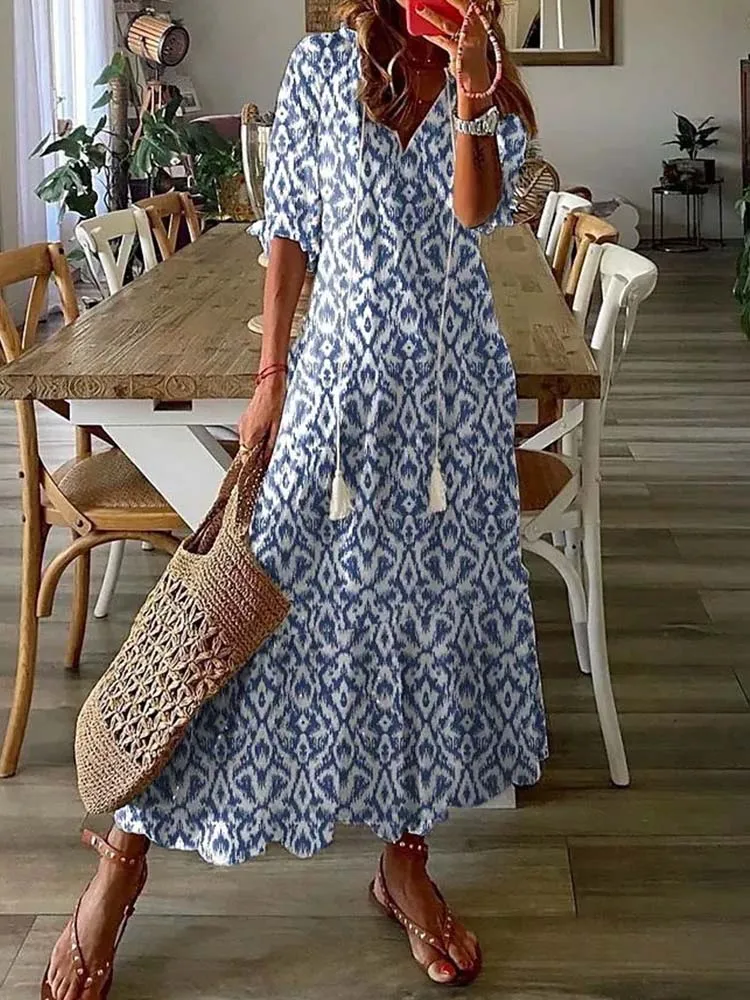 Bohemian Long Dress Women Casual Loose Half Sleeved V-Neck Maxi Dresses Lady Summer Party Print Geometry Robe
Bohemian Long Dress Women Casual Loose Half Sleeved V-Neck Maxi Dresses Lady Summer Party Print Geometry Robe