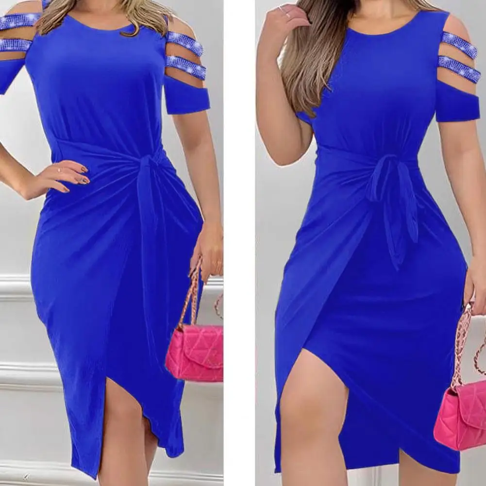 Waist Tight Bodycon Dress Elegant Embellished Summer Midi Dress with Irregular Hem Lace-up Waist for Women Women Evening Dress 
Waist Tight Bodycon Dress Elegant Embellished Summer Midi Dress with Irregular Hem Lace-up Waist for Women Women Evening Dress