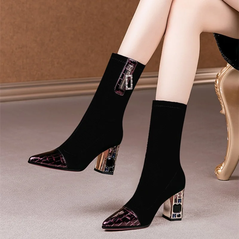 New Thick Heel Inlaid Drill Stretch Boots Female Autumn and Winter Pointed Women's Single Boot Fashion High Bottes Botines
New Thick Heel Inlaid Drill Stretch Boots Female Autumn and Winter Pointed Women's Single Boot Fashion High Bottes Botines