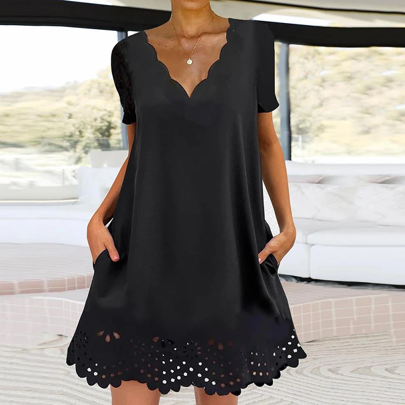 Women Vintage Solid Color Wave V-Neck Dress Casual Simple Loose Hollow Out Pattern Mini Dress Female Pullover Pocket Dress Mujer
Women Vintage Solid Color Wave V-Neck Dress Casual Simple Loose Hollow Out Pattern Mini Dress Female Pullover Pocket Dress Mujer