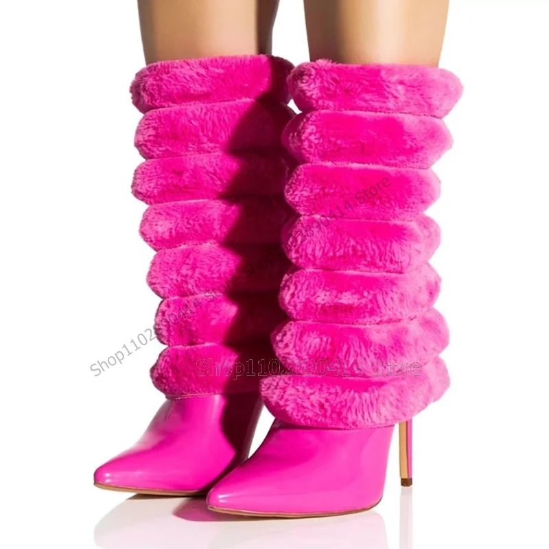 

Женские сапоги с острым носком, розово-красные сапоги до середины икры с меховым декором, без застежки, на тонком высоком каблуке, 2023