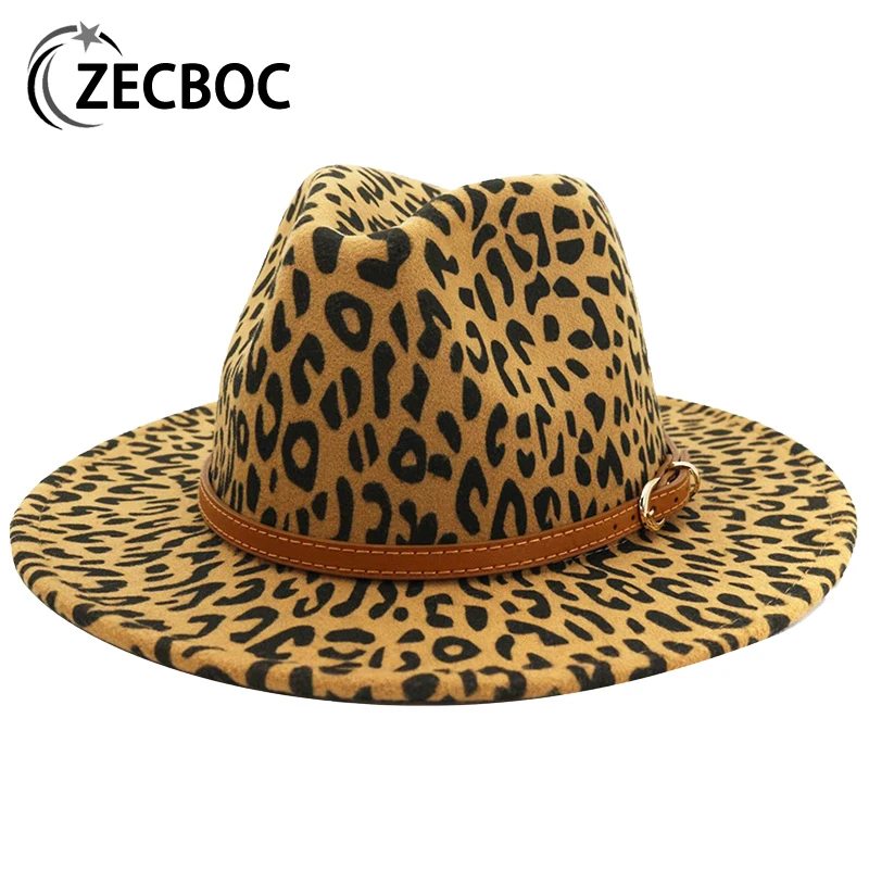 

Fedora Hats For Women Leopard Print Wide Brim Jazz Top Hat For Men Vintage Panama Belt Felt Hats Autumn Winte Sombreros De Mujer