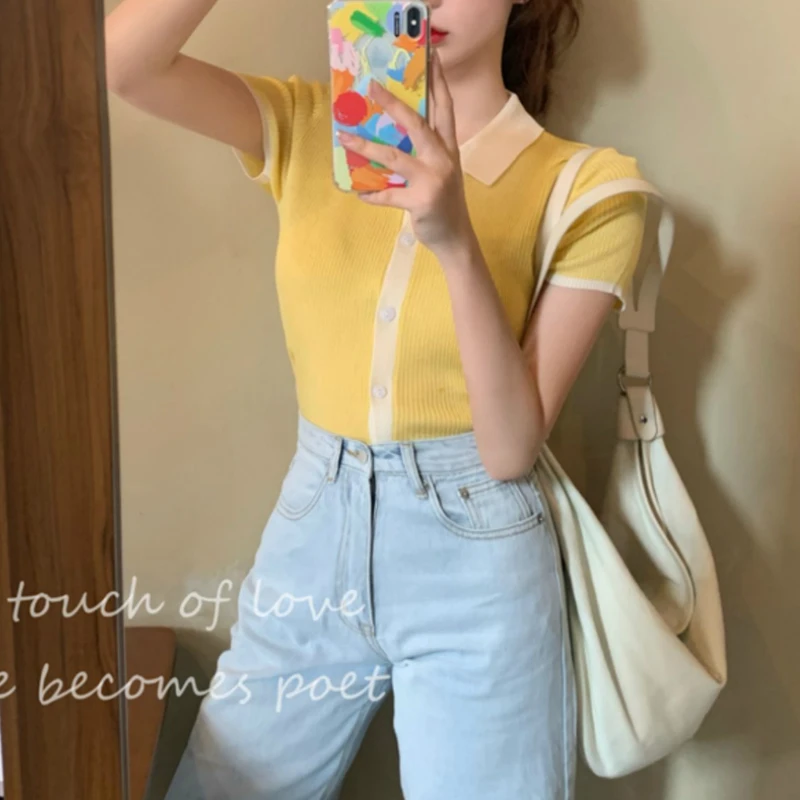 Women's 2021 New Summer Short Graceful Thin-Style Gray Tops Polo Collar Viscose Fiber Short-Sleeved Knitted Elegant T-shirts Pop
Women's 2021 New Summer Short Graceful Thin-Style Gray Tops Polo Collar Viscose Fiber Short-Sleeved Knitted Elegant T-shirts Pop