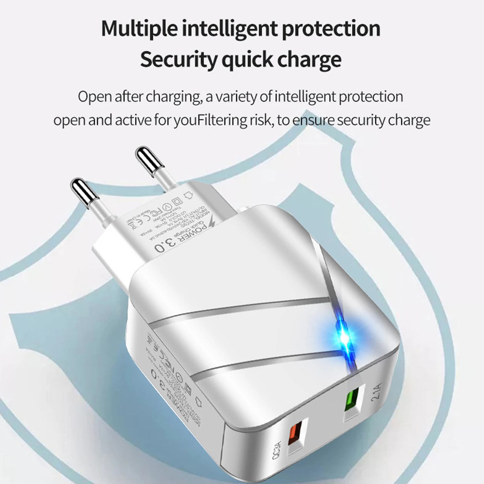 Dual USB Qc3.0 + 2.1a Multi-Port Fast Charging Mobile Phone Charger Dual-Port American Standard European Standard Fast Charging
Dual USB Qc3.0 + 2.1a Multi-Port Fast Charging Mobile Phone Charger Dual-Port American Standard European Standard Fast Charging