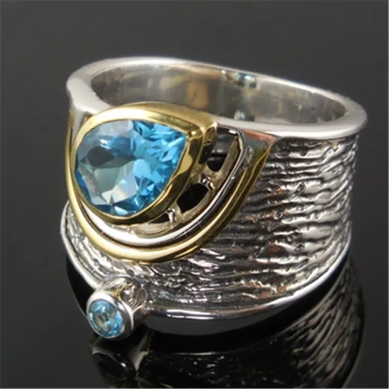 

New Ethnic Style Tow Tone Geometric Rings For Women Shine Water Drop Blue CZ Stone Inlay Fashion Jewelry Wedding Party Gift Ring