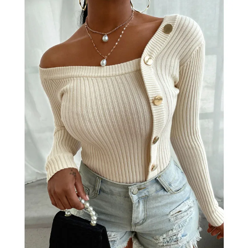 2022Sexy Women Knitted Sweater Off Shoulder Pullover Sweaters Autumn Winter Long Sleeve Buttons Diagonal Collar Woman Top 23683
2022Sexy Women Knitted Sweater Off Shoulder Pullover Sweaters Autumn Winter Long Sleeve Buttons Diagonal Collar Woman Top 23683
