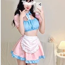 Cute Maid Sexy Cosplay Sweet Dress Women Lovely Lolita Puff Sleeve Anime Temptation Kangaroo Pocket Puff Sleeve Patchwork HOV6