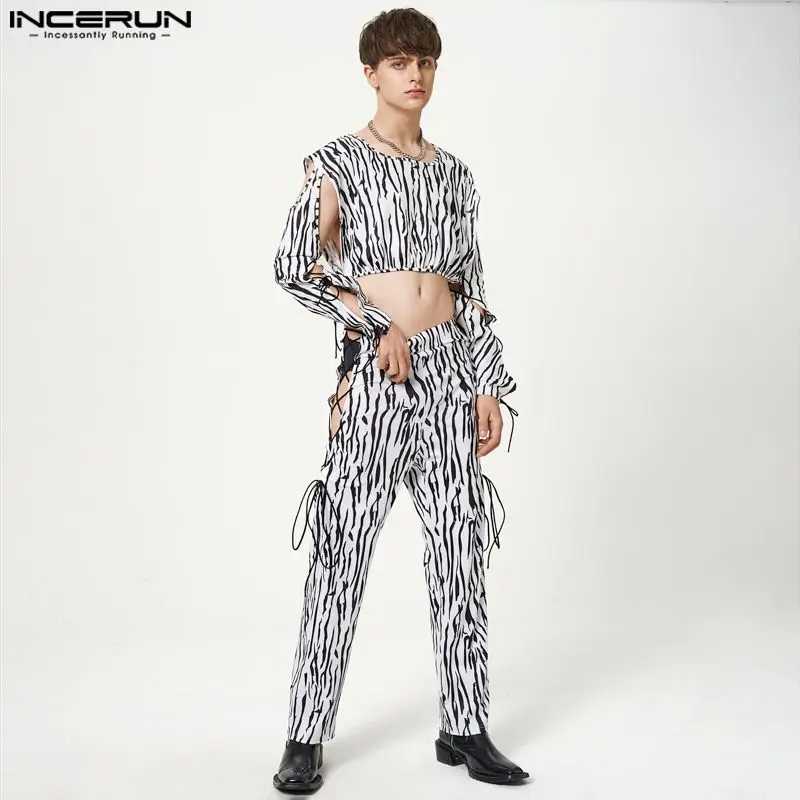 

American Style Men's Sets Zebra Pattern Lace Design Sense Cropped Tops Long Pants Casual Party Two-piece Sets S-5XL INCERUN 2023