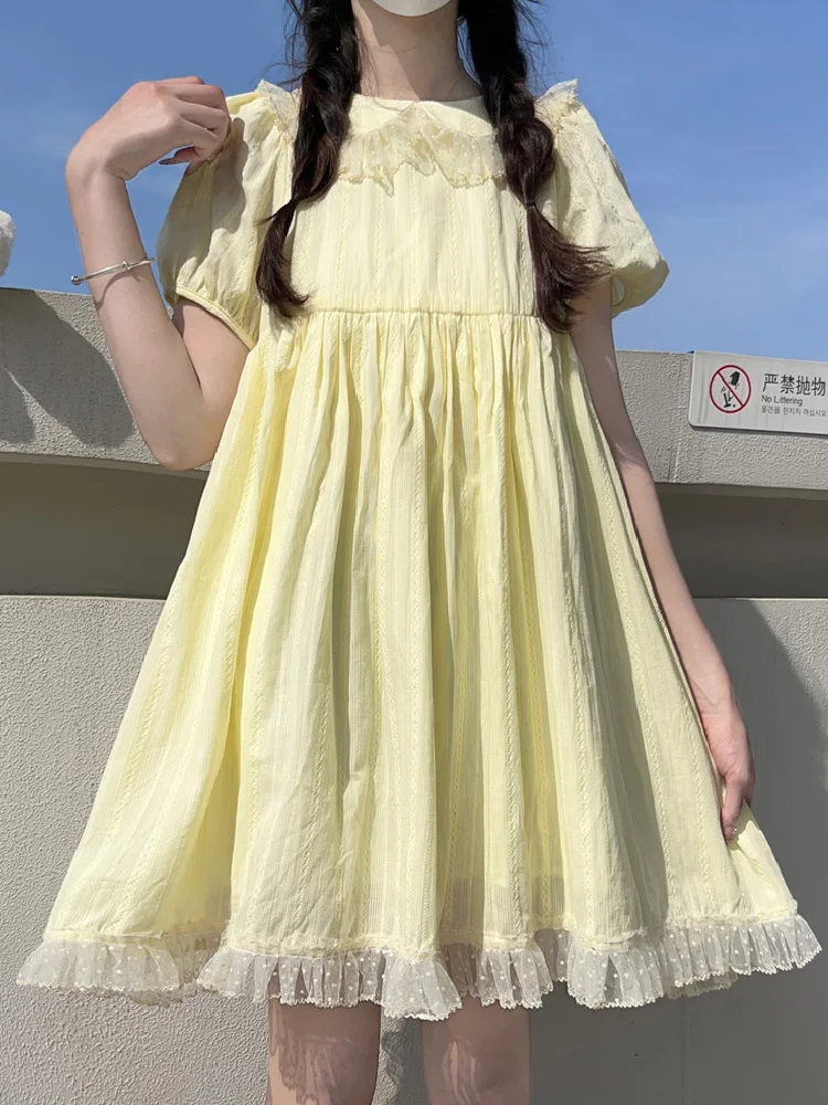 Japanese Women Lolita Dress Summer Peter Pan Collar Sweet Yellow Preppy Style Puff Sleeve Cute Kawaii Lace Ruffles Dress Female
Japanese Women Lolita Dress Summer Peter Pan Collar Sweet Yellow Preppy Style Puff Sleeve Cute Kawaii Lace Ruffles Dress Female