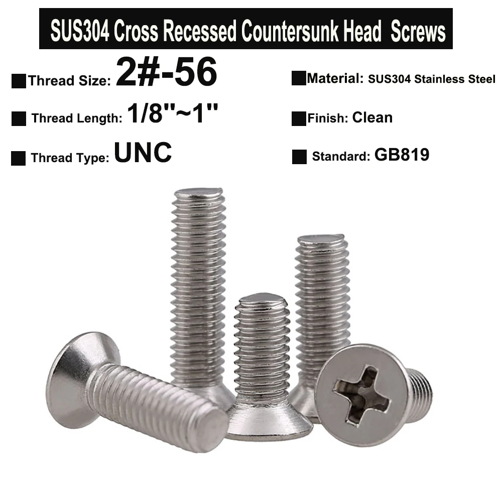 50Pcs UNC Thread 2#-56x1/8''~1'' GB819 SUS304 Stainless Steel Cross Recessed Countersunk Head Screws Machine Screws Tiny Screw
50Pcs UNC Thread 2#-56x1/8''~1'' GB819 SUS304 Stainless Steel Cross Recessed Countersunk Head Screws Machine Screws Tiny Screw