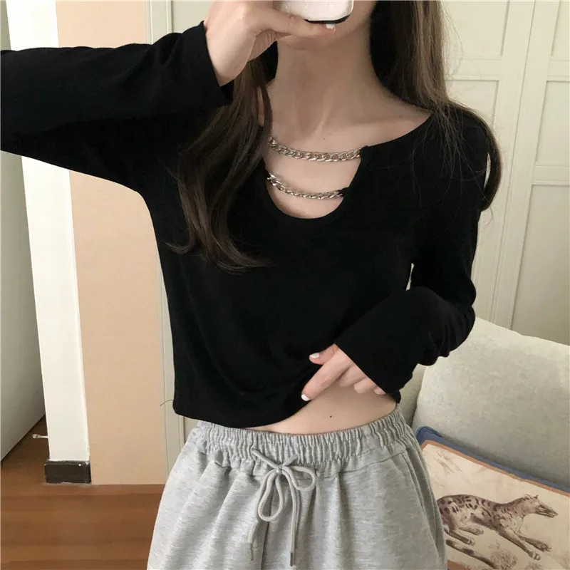 2023 Women Spring Fashion Korean Y2k Round Neck Solid Color T-shirt Tops Female Sexy Chain Slim Body Long Sleeved Black Tshirt
2023 Women Spring Fashion Korean Y2k Round Neck Solid Color T-shirt Tops Female Sexy Chain Slim Body Long Sleeved Black Tshirt