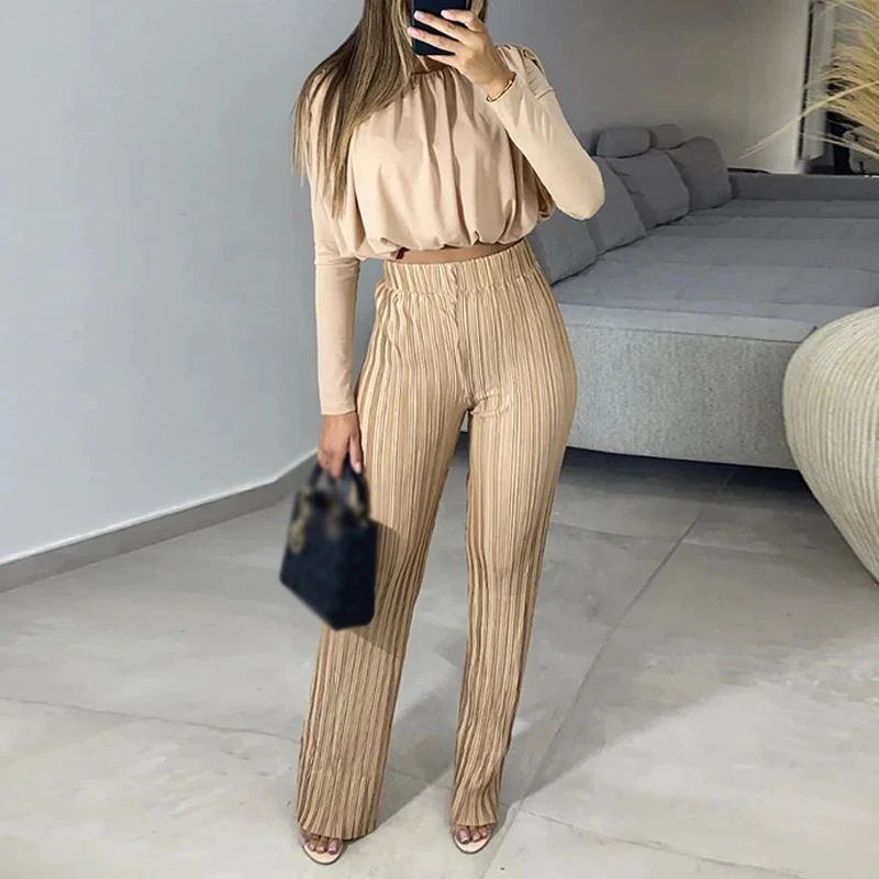 Office Casual Long Sleeve Solid Two Piece Suit Elegant O-neck Pullover Tops & Pleated Long Pant Outfits 2022 Fashion Loose Sets
Office Casual Long Sleeve Solid Two Piece Suit Elegant O-neck Pullover Tops & Pleated Long Pant Outfits 2022 Fashion Loose Sets