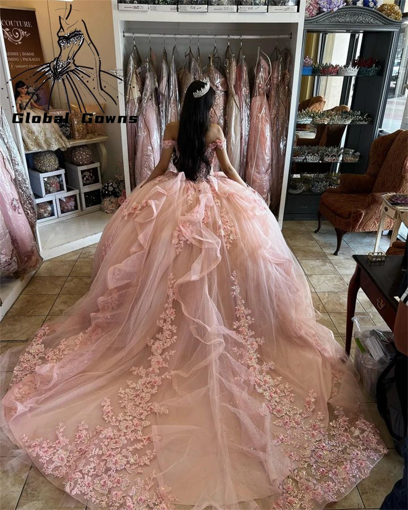 

Женское бальное платье с открытыми плечами, розовое платье с цветочной аппликацией и бусинами, Многоярусное платье для выпускного вечера, милое праздничное платье для 15-16 лет
