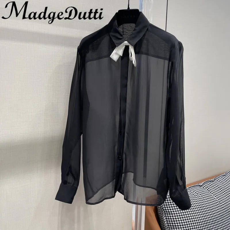 10.17 MadgeDutti Contrast Color Bow See Through Sexy Draped Long Sleeve Silk Shirt Women
10.17 MadgeDutti Contrast Color Bow See Through Sexy Draped Long Sleeve Silk Shirt Women