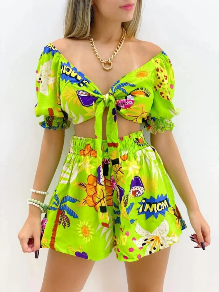 New Women's Lace-up Bubble Sleeve Short Sleeve Printing Suit Shorts Two-piece V-neck Blouse Women Sweat Suit Set Female set
New Women's Lace-up Bubble Sleeve Short Sleeve Printing Suit Shorts Two-piece V-neck Blouse Women Sweat Suit Set Female set
