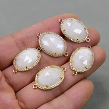 APDGG 5 Pcs Natural White Moonstone Oval Faceted CZ Paved Gold Plated Bezel Sets Connector Pearl Necklace Pendant Jewelry DIY