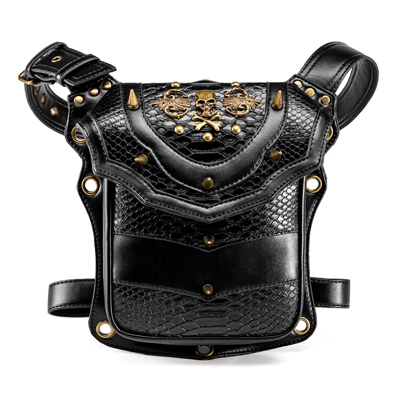 

Gothic Outdoor Waist Bag, Skull & Studded Decor Flap Purse, Steampunk Halloween PU Leather Crossbody Bag