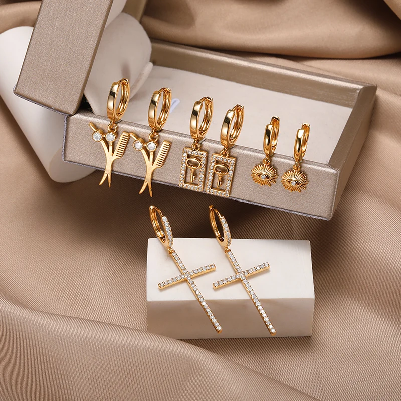 CZ Zirconia Jesus Cross Hoop Earrings For Women Lady Fashion Jewelry Gold Color Key Drop Earrings bijoux acier inoxidable femme
CZ Zirconia Jesus Cross Hoop Earrings For Women Lady Fashion Jewelry Gold Color Key Drop Earrings bijoux acier inoxidable femme