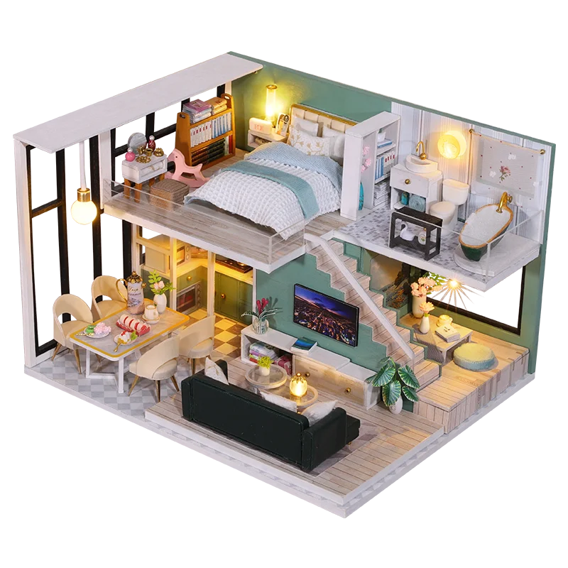 

DIY Wooden Dollhouse Miniature Building Kit Casa Modern Loft Doll House with Furniture Light Villa Toys for Girls Birthday Gifts