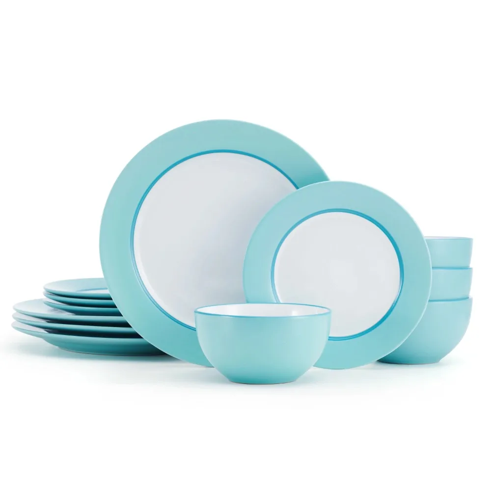 

Grayson Teal 12 Piece Dinnerware Set Stoneware Round in White Durable Stoneware Structure Dishwasher and Microwave Safe