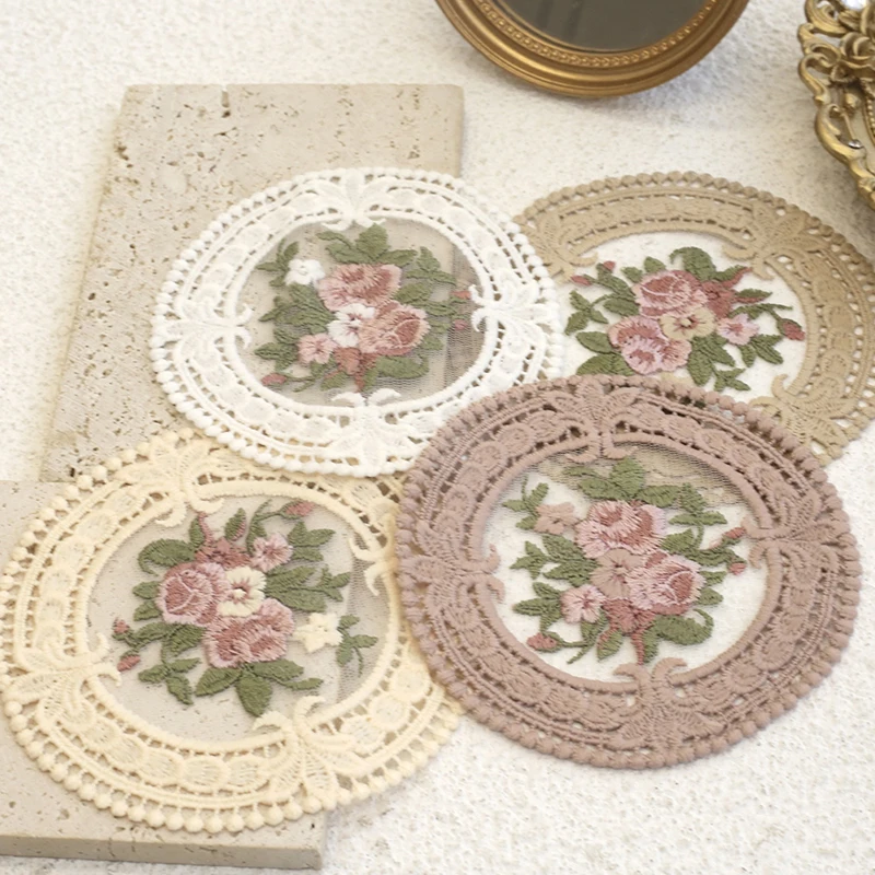 

Retro Ins French Style Lace Placemats Vintage Embroidered Floral Coffee Cups Coasters Round Lace Fabric Table Mat Photo Props