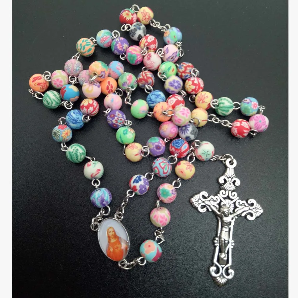 

Colorful Clay Cross Pendant Necklace Catholic Prayer Beads Jesus Christian Rosary Religious Women Jewelry