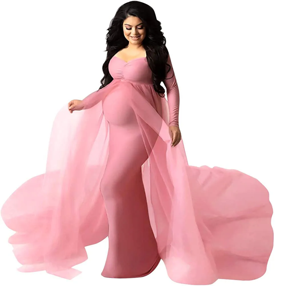 

Элегантное приталенное платье для беременных Тюлевое платье с длинным рукавом V-образным вырезом тонкое шифоновое платье-макси со шлейфом для фотосессии