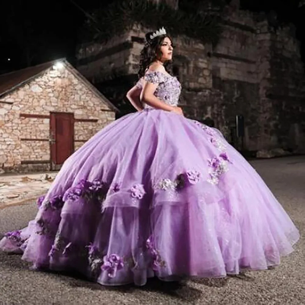 

Sparkly Lilac Vestidos De 15 Años Quinceanera 2022 Florals Off The Shoulder Fluffy Sweet 16 Dress Luxury Mexican Charro Prom